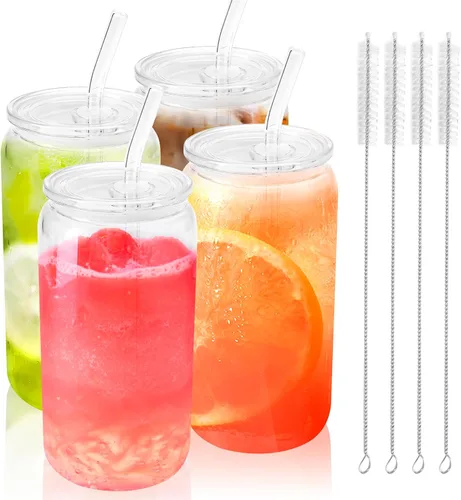 Joyclub 4 vasos de vidrio con tapas y pajitas acrílicas, tazas de café helado de vidrio de 16 onzas con tapas y pajitas, lindos vasos para beber