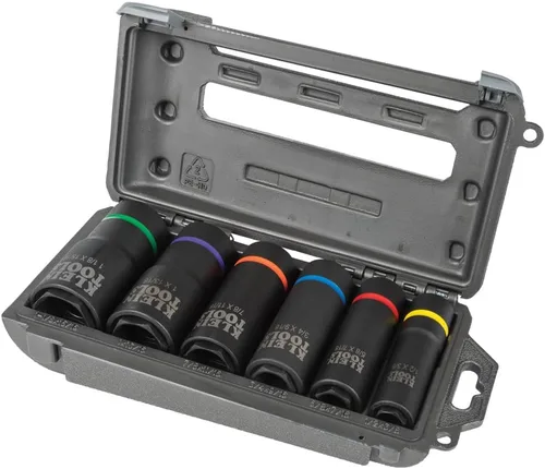 Klein Tools 66060 Juego de llaves de impacto 2 en 1, juego de herramientas de 6 piezas con enchufes profundos de 6 puntos con unidad de 1/2 pulgada,