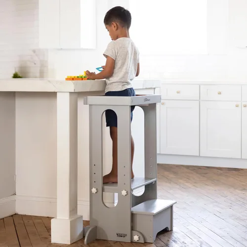 Miniatura 2 de Little Partners Torre Plegable para Niños Pequeños, Torre de Aprendizaje Explore 'N Store Montessori Torre de Cocina de Pie con Plataforma de Blanco