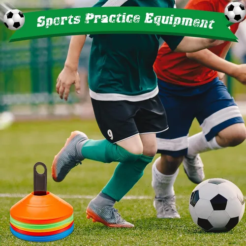 Miniatura 6 de Lewtemi - Juego de 100 conos de disco de fútbol, conos de entrenamiento deportivo, marcador de campo multicolor de plástico con 2 soportes