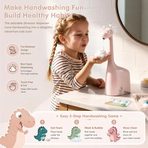 Miniatura 2 de Dispensador automático de jabón, lindo dinosaurio, sin contacto, dispensador de jabón espumoso recargable, 10 oz/10.1 fl oz, espuma ajustable de 3