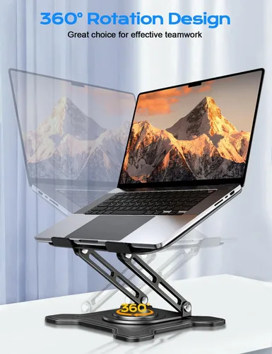 Miniatura 2 de JCZT Soporte ajustable para computadora portátil, base giratoria de 360°, soporte ergonómico para computadora, elevador plegable para oficina y Negro