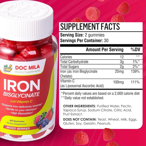 Miniatura 2 de Suplemento de hierro para niños y adultos - Gomitas de bisglicinato de hierro de 25 mg con VIT C liposomal - Suplemento de hierro quelado
