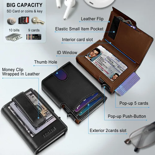 Miniatura 2 de miyozi Billetera para hombre, con clip para dinero, bolsillo para monedas, ventana para identificación, delgada, bolsillo frontal con bloqueo RFID