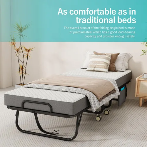 Miniatura 3 de Cama plegable con colchón para adultos, 75" x 31" cama rodante portátil tamaño catre, cama plegable de invitados con marco de metal con colchón