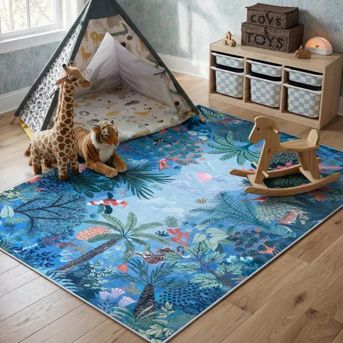 Miniatura 7 de LIVEBOX Alfombra lavable con estampado de animales de la jungla de 5 x 7 pies en azul para sala de estar, alfombras antideslizantes para dormitorio