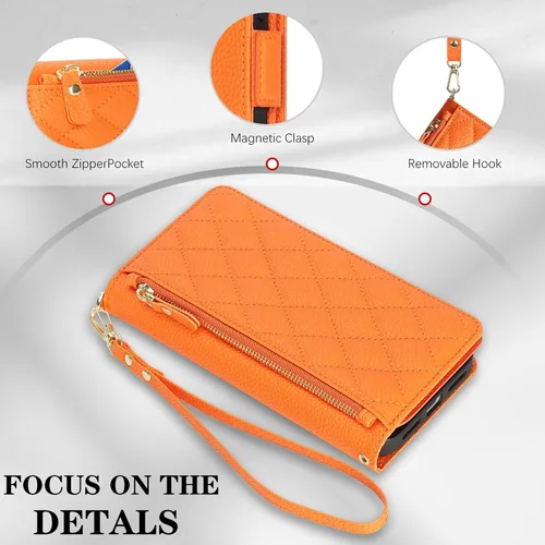Miniatura 4 de Funda compatible con iPhone 13 Pro Max para Apple 12 Pro Max, piel sintética naranja, rombo para mujeres y hombres, bolsillo con cremallera