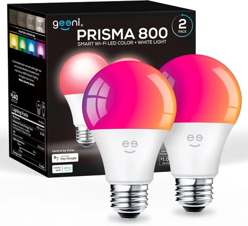 Miniatura 10 de Geeni Prisma - Paquete de 1 bombilla inteligente LED RGBW que cambia de color, A19, 800 lúmenes, equivalente a 60 W, regulable, 2700 K, funciona