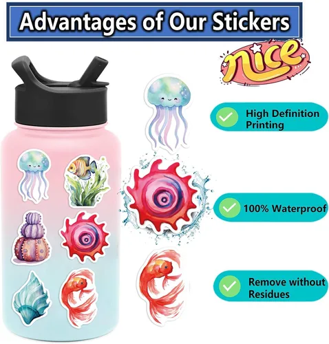 Miniatura 3 de Calcomanías impermeables de animales marinos para botellas de agua, 100 calcomanías estéticas de vinilo de animales marinos para laptop, álbum