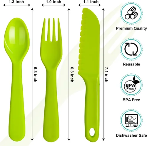 Miniatura 2 de Jawbush Juego de 12 cubiertos para niños, utensilios de plástico para niños pequeños, tenedores y cucharas con cuchillos de nailon dentado