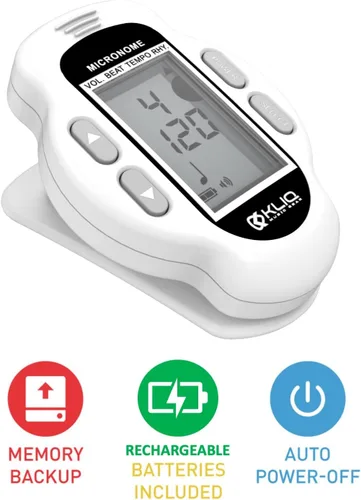 Miniatura 6 de KLIQ MicroNome - Mini metrónomo digital recargable - con altavoz (volumen digital, ritmo y ajuste de tempo) diseñado para su uso con piano, Blanco