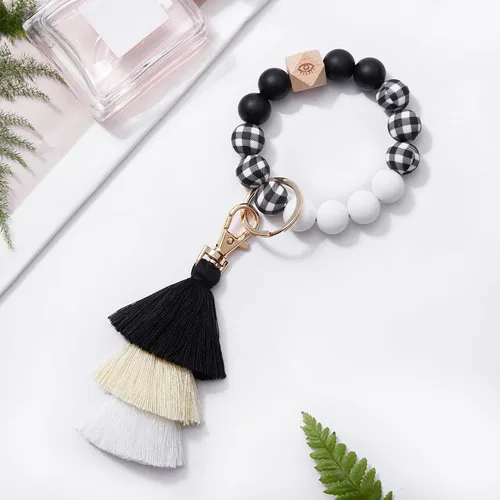 Miniatura 6 de Bisanzoya Beaded Keychain with Tassel, Silicone Key Ring Bracelet, Cute Boho Car Key Chain Wristlet for Women