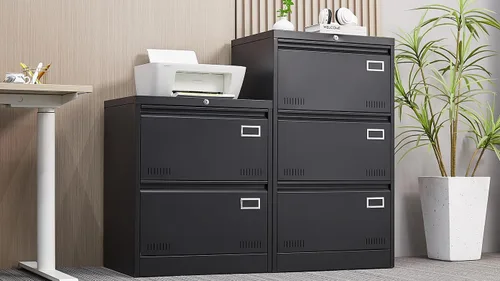 Miniatura 2 de Archivador lateral de 3 cajones con cerradura para oficina en casa, archivador de metal con barra ajustable para colgar, organización de archivador