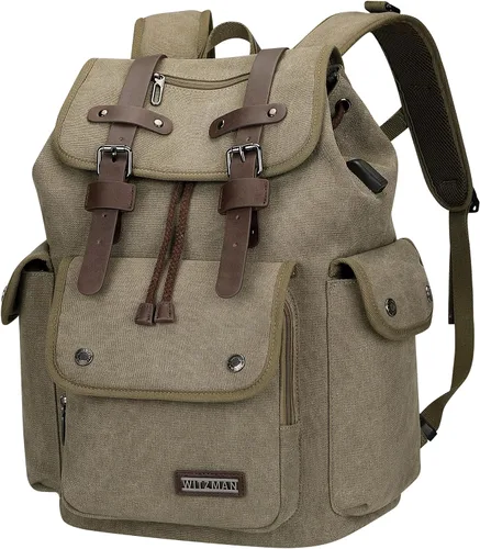 WITZMAN Mochila de lona para hombre, mochila vintage para laptop de 15.6 pulgadas, mochila de viaje de alta capacidad casual (A8004 verde militar)