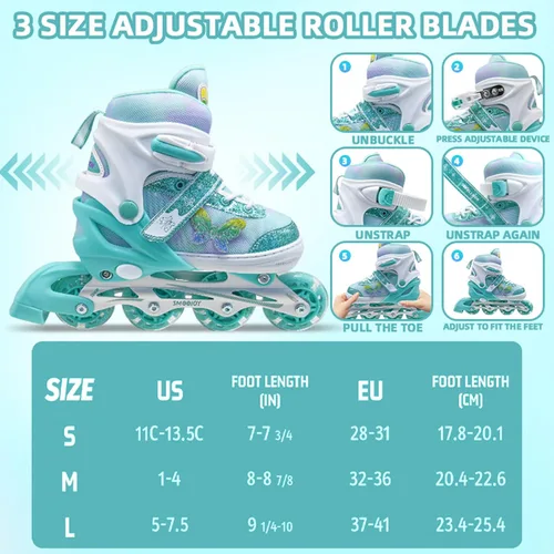 Miniatura 2 de Patines en línea para niñas de 3 a 12 años, 4 tamaños, zapatos de ruedas ajustables con ruedas iluminadas para principiantes, jóvenes, patines Verde