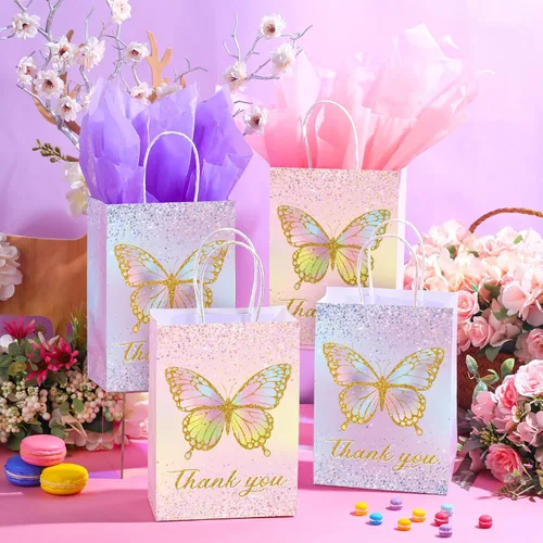 Miniatura 4 de Leinuosen 16 juegos de bolsas de regalo de mariposa para fiestas, bolsas de regalo de mariposa con papel de seda, bolsas de regalo florales rosas
