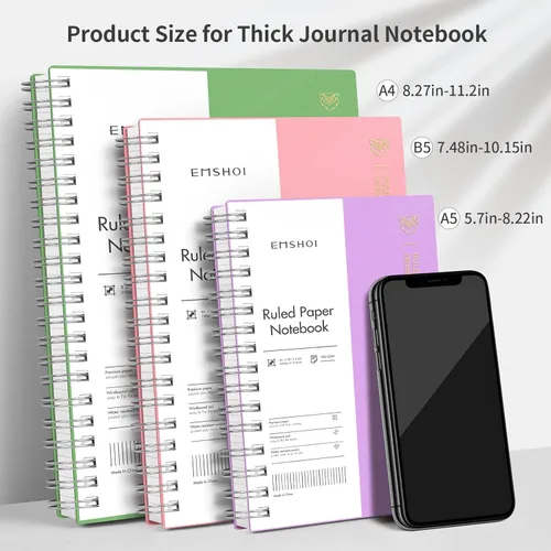 Miniatura 5 de EMSHOI Cuaderno de espiral A5 con rayas universitarias, pequeño 5.7" X 8.22", 300 páginas/150 hojas, papel grueso de 100gsm, tapa dura impermeable