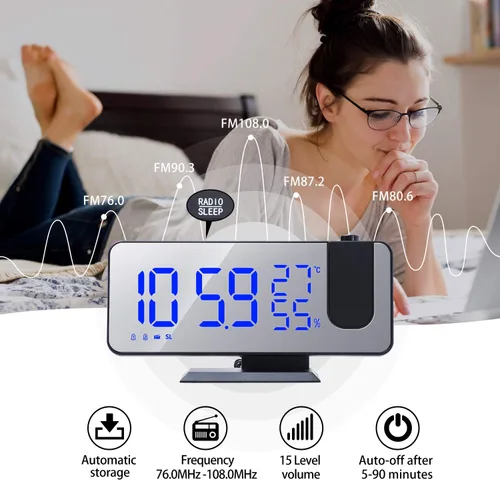 Miniatura 3 de ThreeH Reloj despertador de proyección Radio Digital Reloj despertador 4 atenuadores y 180° giratorio y 2 sonidos 7.4 '' Pantalla de espejo grande
