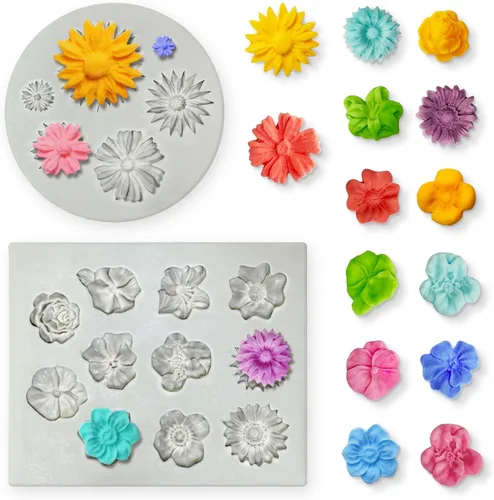 2 piezas de moldes de silicona con forma de flores, moldes de silicona para fondant y pastel, moldes de arcilla polimérica con forma de flor de