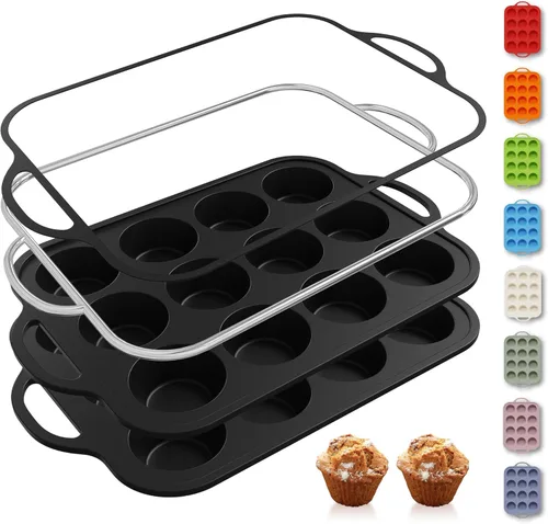 Miniatura 13 de 2 paquetes de 12 tazas de molde para magdalenas de silicona para hornear con marco reforzado de metal, molde para cupcakes de tamaño regular, Crema