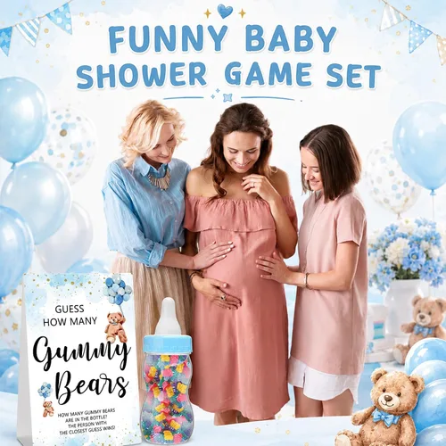 Miniatura 7 de Qilery 122 Piezas Juegos de Baby Shower Adivina Cuántos Osos 100 Tarjetas de Adivinanzas 20 Lápices 1 Botella 1 Cartel de Madera en Pie