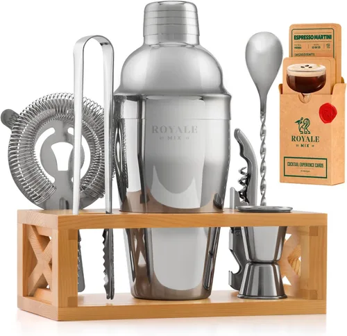 Mixology - Kit de barman con soporte, juego de bar para el hogar con 25 recetas de cóctel para mezclar bebidas, kit ideal de barman para regalo de