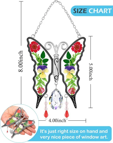 Miniatura 5 de KY&BOSAM Atrapasoles de Mariposa de Cristal de Vidrio Emplomado Atrapasol para Ventana Colgante Campanilla de Viento con Flores Secas y Coloridos