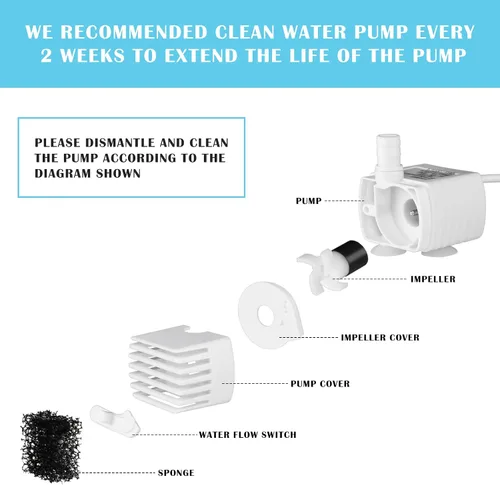 Miniatura 6 de PETNF Bomba de repuesto para fuente de agua para gatos con luz LED, compatible con fuente de agua transparente de 3 L/101 onzas, bomba de agua