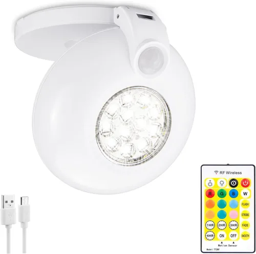 Foco de luz con sensor de movimiento para interiores y exteriores, funciona con pilas, con control remoto de 10 colores cambiantes, sensor de