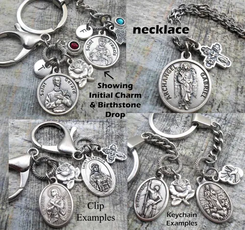 Miniatura 4 de Collar de oración de Arcángel Rafael, llavero o clip, joyería católica de San Patrón, personalizable con opción inicial o piedra natal de cristal