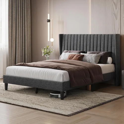 Miniatura 3 de Yaheetech - Base de cama tamaño Queen con plataforma tapizada con cabecero de tela, diseño de borde alado/Antideslizante y libre de ruido/Soporte
