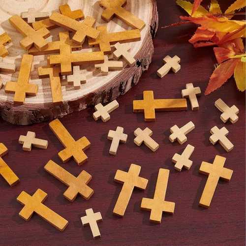 Miniatura 4 de SUNNYCLUE 100 piezas de 2 estilos de cruces de madera de Pascua a granel con cruz de madera natural, cuentas de cruz para manualidades, fiestas, 100