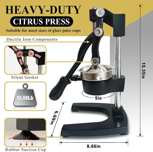 Miniatura 6 de Exprimidor manual de hierro fundido, extractor de jugo de frutas cítricas manual de metal resistente comercial para pomelo naranja y granada