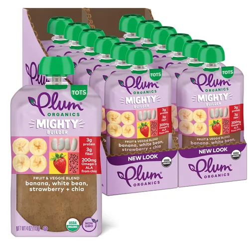 Plum Organics Mighty Builder Alimento Orgánico para Niños Pequeños - Plátano, Frijol Blanco, Fresa y Chía - Bolsa de 4 oz (Paquete de 12) – Bolsa de