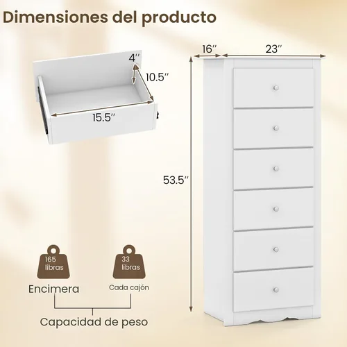 Miniatura 3 de Giantex Cómoda de 6 cajones para dormitorio, cómoda de madera con tiradores de metal y gran capacidad, 16" P x 23" A x 53.5" A, organizador de ropa