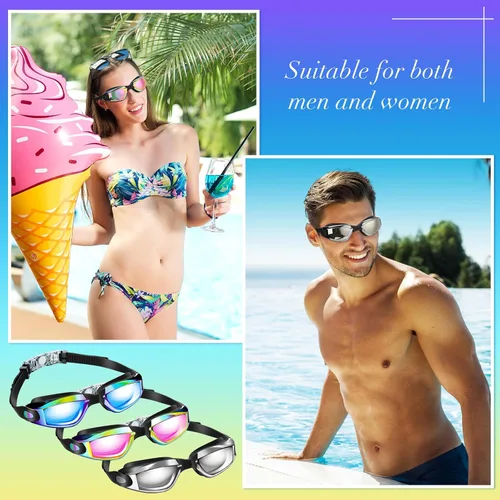 Miniatura 5 de Flutesan Paquete de 3 gafas de natación sin fugas, de silicona, antivaho con clip para la nariz, tapones para los oídos para adultos y niños, 3