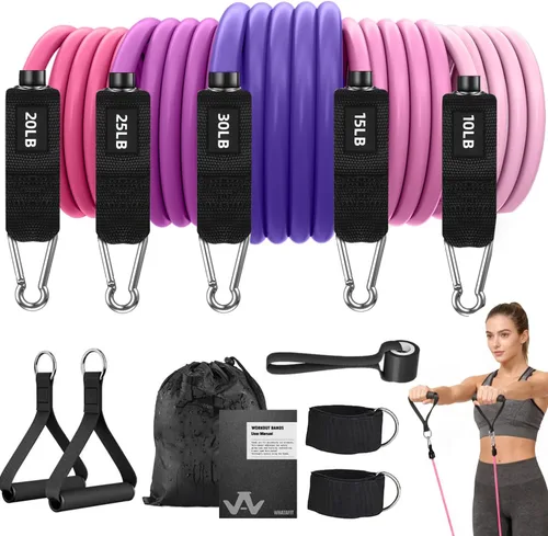 WHATAFIT Juego de bandas de resistencia con asas, bandas de ejercicio para gimnasio en casa, equipo de entrenamiento de fuerza, incluye anclaje de