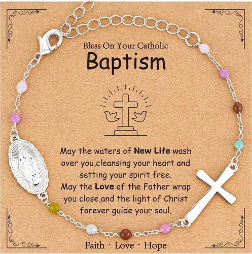 Miniatura 9 de Pulsera de cruz católica de la Virgen María para niñas y mujeres, pulsera de cuentas de rosario, primera comunión, confirmación, bautismo, madrina