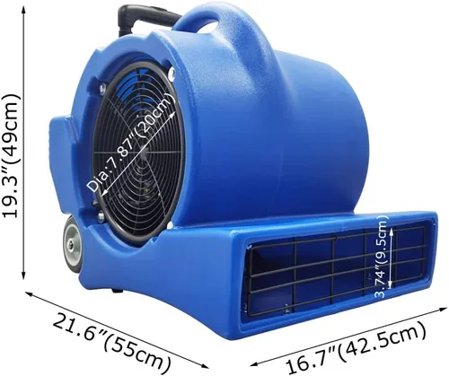 Miniatura 2 de INTBUYING Ventilador de aire de 3 velocidades secador de alfombras 1.2 HP resistente, potente flujo máximo 5700 CFM, ventilador de piso azul 110 V