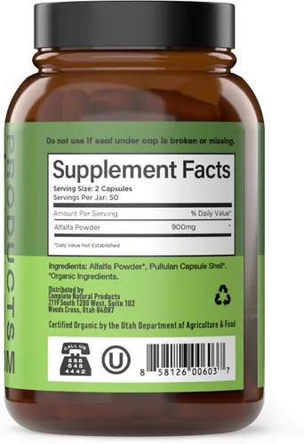 Miniatura 2 de Complete Natural Products Hoja de alfalfa pura - 100 cápsulas - 450 mg de polvo de hoja de alfalfa orgánica pura seca en cápsulas vegetales