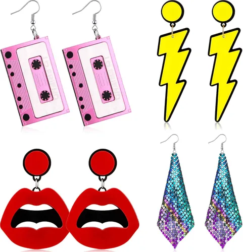 Hicarer 4 pares de aretes de los años 80 para mujer, aretes de neón de los años 90, joyería retro para fiesta brillante, disfraz de los años 80,