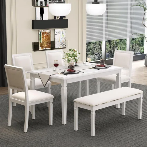 Miniatura 10 de Merax Farmhouse - Juego de 6 mesas de comedor de madera extensibles de 82 pulgadas, 4 sillas con respaldo, banco para 2 personas con cojín
