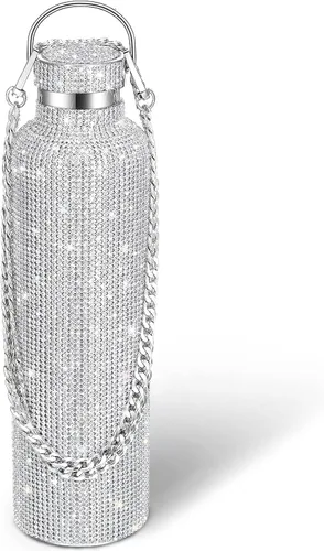 Miniatura 12 de Geiserailie Botella de agua con diamantes de imitación de acero inoxidable, térmica, recargable, aislada, con cadena, para mujeres y niñas