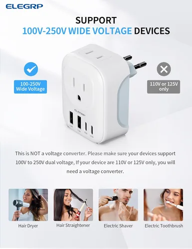 Miniatura 6 de ELEGRP Adaptador de enchufe de viaje europeo, convertidor de adaptador de enchufe de EE. UU. a Europa con dos puertos USB-A y dos puertos USB-C