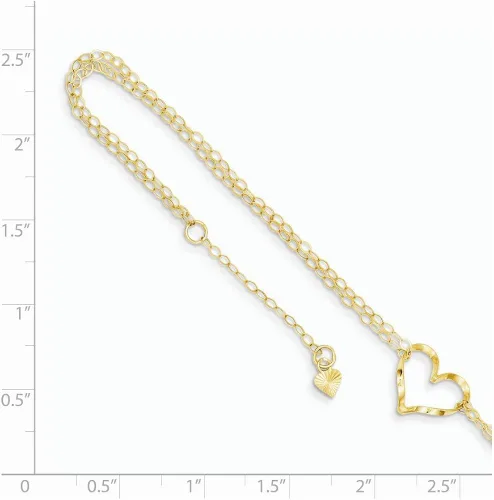 Miniatura 3 de Tobilleras de oro para mujer oro amarillo de 14 quilates doble hebra corazón 9 pulgadas más 1 extensión de tamaño de cadena ajustable tobillera