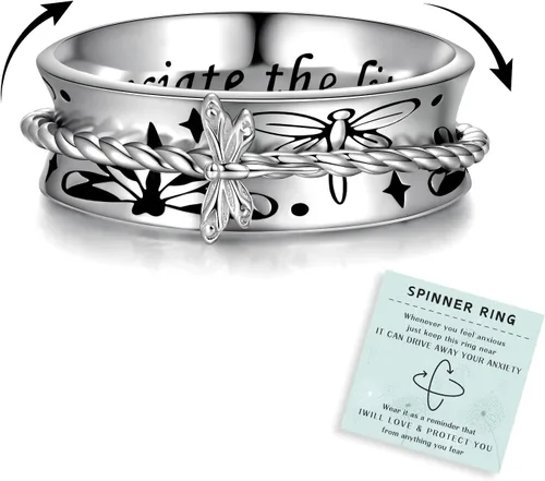 Miniatura 6 de Anillo giratorio de libélula y mariposa Sariel 925 de plata de ley, anillo antiansiedad, anillos giratorios para aliviar el estrés para mujeres