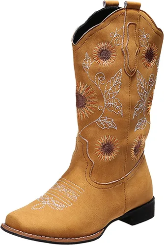 Miniatura 4 de HINDOLA Botas vaqueras para mujer, botas vaqueras de media pantorrilla, botas occidentales con bordado de girasol, punta cuadrada, tacón bajo, botas