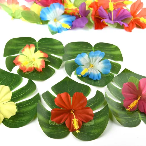 Miniatura 3 de KUUQA 60 piezas de suministros de decoración de fiesta tropical de 8 pulgadas, hojas y flores de hibisco Palmtera, hoja de simulación para fiesta