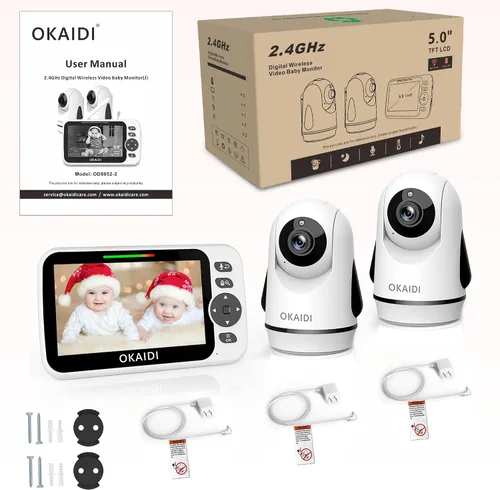 Miniatura 8 de OKAIDI - Monitor de bebé con video y 2 cámaras, pantalla de 5 pulgadas, monitor de bebé sin WiFi, batería de 30H y rango de 300 m, cámara de bebé