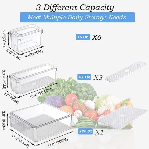 Miniatura 9 de KUMD Paquete de 10 contenedores organizadores transparentes para refrigerador con tapas, contenedores apilables para refrigerador, sin BPA